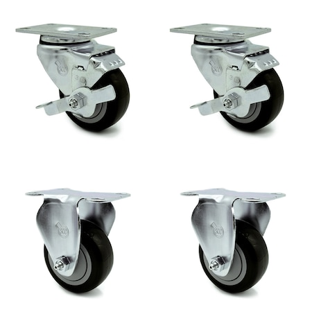 Service Caster 3 Inch Black Polyurethane Wheel Swivel Top Plate Caster Set with 2 Brake 2 Rigid SCC-20S314-PPUB-BLK-TLB-TP3-2-R-2